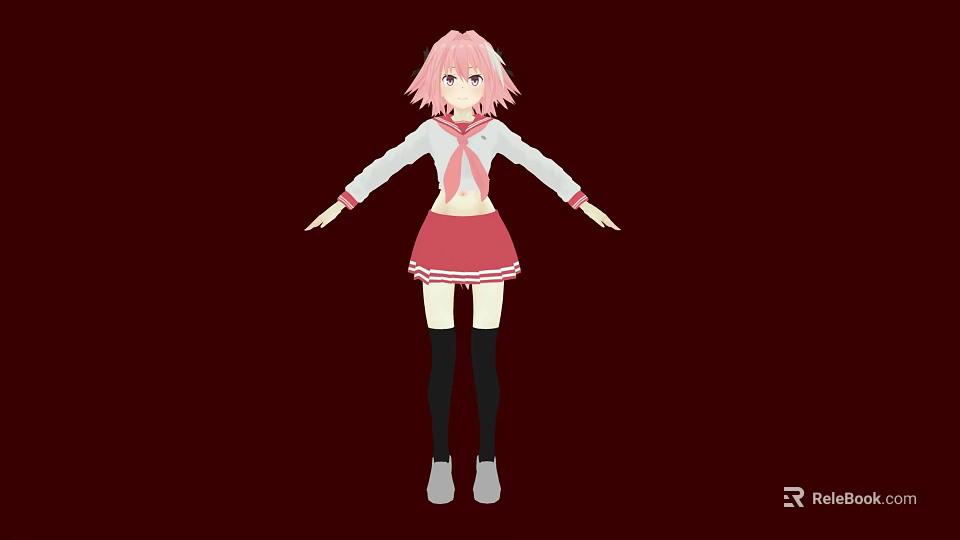 Woman with pink hair white top red skirt black stockings gray shoes dark red background 3d model 