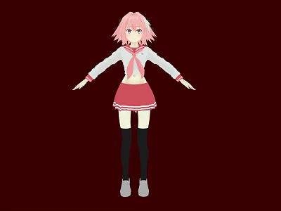 Woman with pink hair white top red skirt black stockings gray shoes dark red background 3d model
