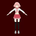 Woman with pink hair white top red skirt black stockings gray shoes dark red background