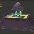 3D Cartoon Scene With Two Characters On Purple Platform Yellow Area And Floating Pyramid