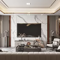 Modern Living Room Interior Design With Marble TV Wall Beige Sofa And Decorative Items