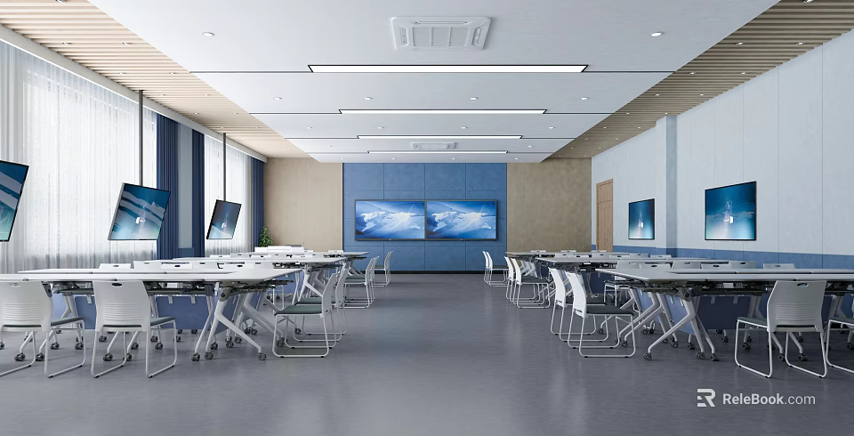 Modern School Classroom With Spacious Layout Bright Lighting Windows Tables Chairs And Large Digital Screens 3d model 