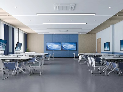Modern School Classroom With Spacious Layout Bright Lighting Windows Tables Chairs And Large Digital Screens 3d model