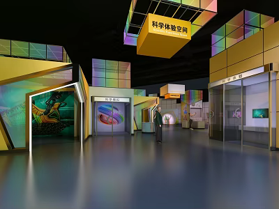 Modern Science Experience Space Interior With Interactive Exhibits And Colorful Design 3d model