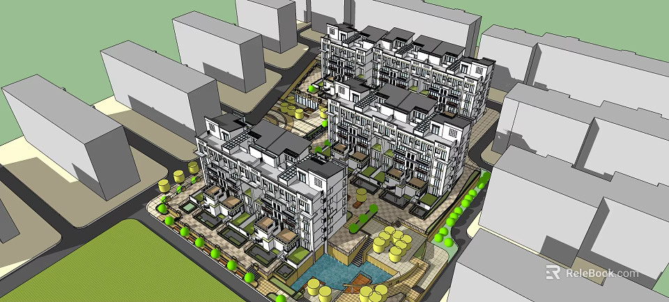 Modern Residential Complex With Multistory Apartment Buildings Green Spaces Central Courtyard And Surrounding Roads 3d model 