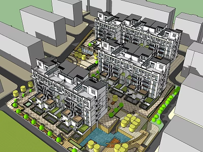 Modern Residential Complex With Multistory Apartment Buildings Green Spaces Central Courtyard And Surrounding Roads 3d model