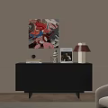 Modern Black Console Table with Abstract Painting Books Globe Vase Magazine and Red Lamp