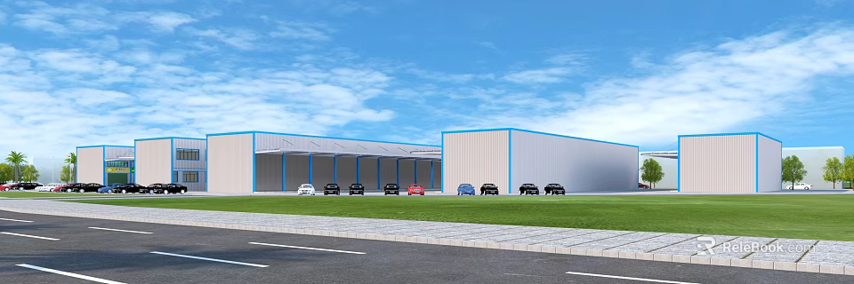 Industrial Steel Structure Warehouse Exterior With Multiple Buildings Parking Lot Cars And Green Lawn 3d model 