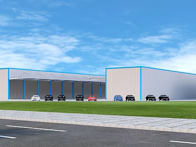 Industrial Steel Structure Warehouse Exterior With Multiple Buildings Parking Lot Cars And Green Lawn 3d model