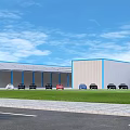 Industrial Steel Structure Warehouse Exterior With Multiple Buildings Parking Lot Cars And Green Lawn