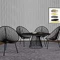 Modern Table And Chair Set With Black Metal Frame Round Glass Top And Striped Wall Rug