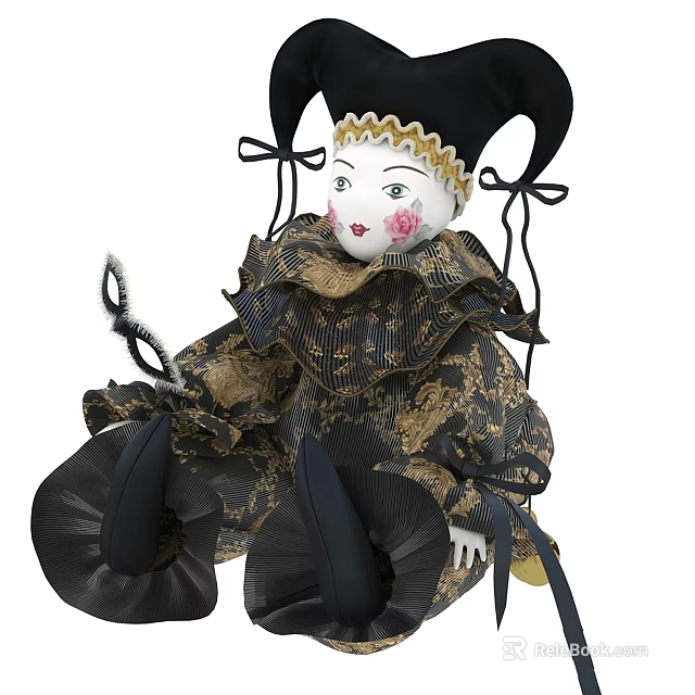 Elegant Vintage Doll In Black Gold Ruffled Outfit With Hat Bows And Pink Cheeks 3d model 