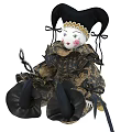 Elegant Vintage Doll In Black Gold Ruffled Outfit With Hat Bows And Pink Cheeks