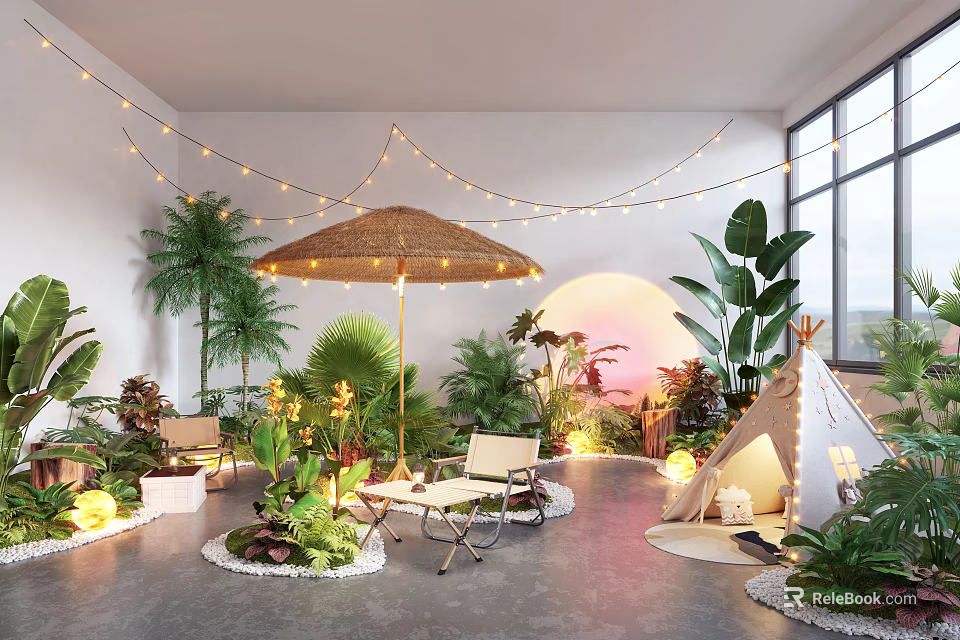 Cozy Leisure Area Featuring Straw Umbrella String Lights Green Plants Teepee And Round Cushions 3d model 