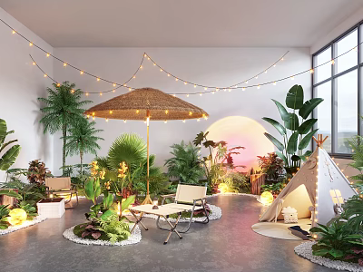 Cozy Leisure Area Featuring Straw Umbrella String Lights Green Plants Teepee And Round Cushions 3d model