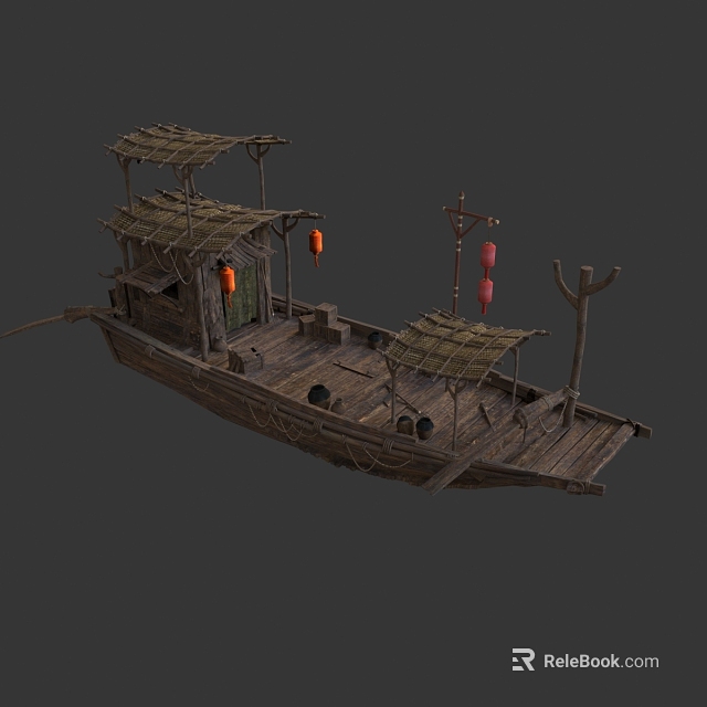 Traditional Wooden Boat with Thatched Roof Red Lanterns and Classic Cabin Structure 3d model 