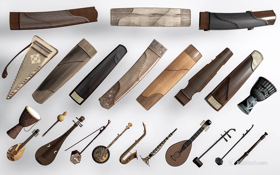 Diverse Musical Instruments And Art Supplies Showcasing Handmade Wooden Craft And Various Tool Types 3d model 