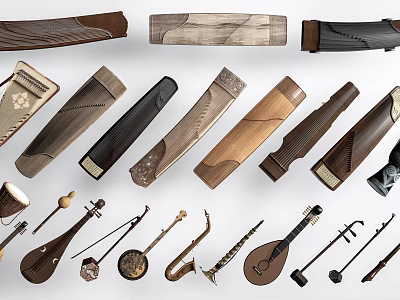 Diverse Musical Instruments And Art Supplies Showcasing Handmade Wooden Craft And Various Tool Types 3d model