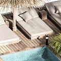 Outdoor Poolside Lounge Space with Thatched Umbrella Lounge Chairs Palm Trees and Greenery