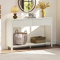 White Entryway Console Table with Table Lamp Mirror Vase Baskets Wooden Box and Welcome Sign