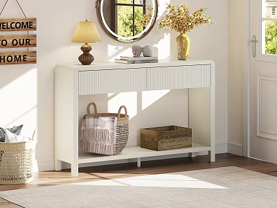White Entryway Console Table with Table Lamp Mirror Vase Baskets Wooden Box and Welcome Sign 3d model