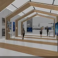 Modern Exhibition Hall With Wooden Arched Frames Large Screens And Visitors