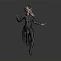 3D Female Fantasy Warrior With White Long Hair Dark Purple Armor Dynamic Pose Gray Background