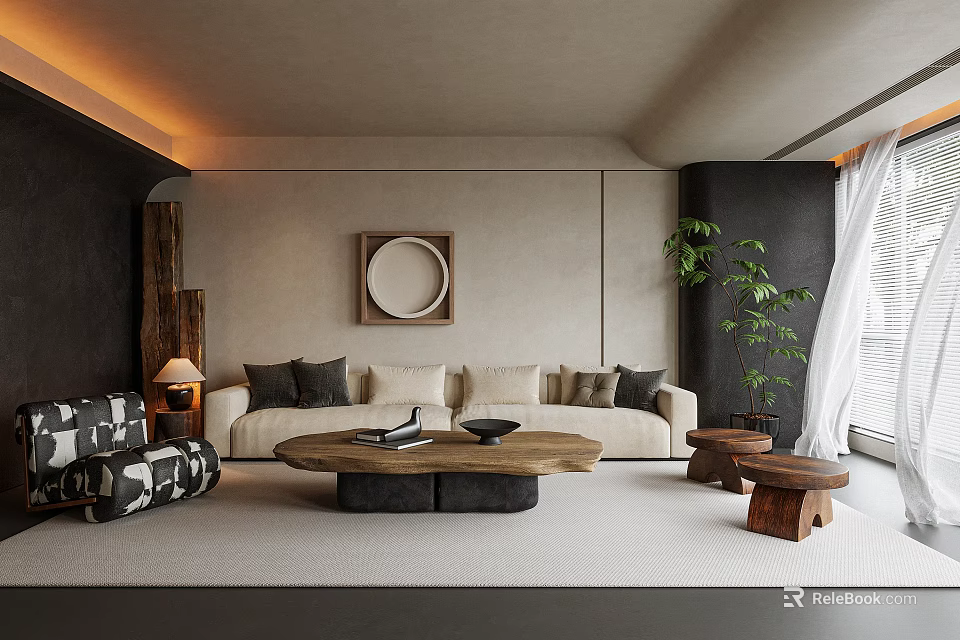 Natural Modern Living Room Interior With Beige Sofa Wooden Coffee Table And Green Plants 3d model 