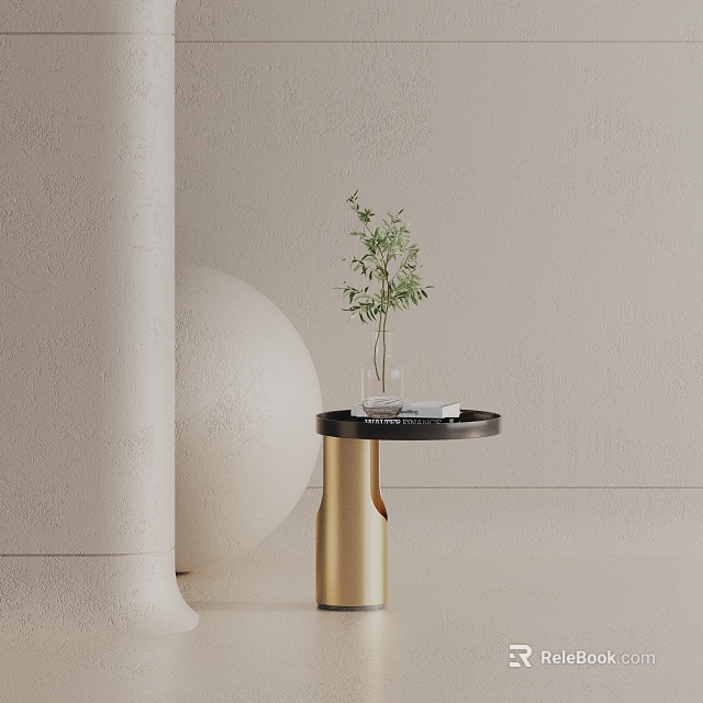 Stylish Side Table With Black Tabletop Golden Legs And Green Plant For Modern Interior Decor 3d model 