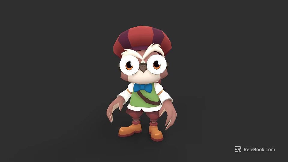Cute Cartoon Flying Animal Owl With Red Purple Hat Green Vest And Brown Shoes 3d model 