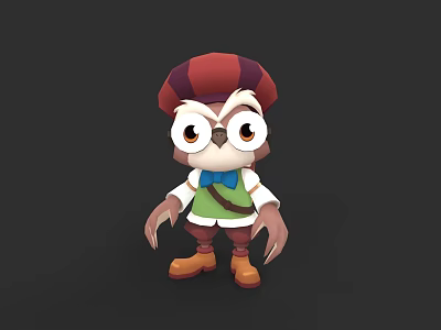 Cute Cartoon Flying Animal Owl With Red Purple Hat Green Vest And Brown Shoes 3d model