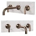 Brass Bathroom Faucet With Double Handles And Curved Spout On Marble Countertop
