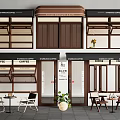 Café Exterior With Wooden Casement Windows Outdoor Seating And Potted Plants