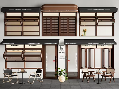 Café Exterior With Wooden Casement Windows Outdoor Seating And Potted Plants 3d model