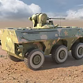 Military Camouflage Armored Vehicle With Six Wheels And Weapon Turret In Desert Terrain