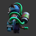 Futuristic Mechanical Cat Character With Red Eyes Blue Green Armor Holding Weapon
