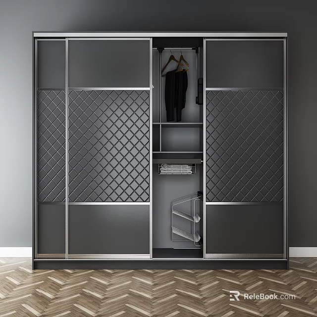 Modern Dark Gray Wardrobe With Sliding Doors Diamond Pattern And Hanging Folded Clothes Shelves 3d model 