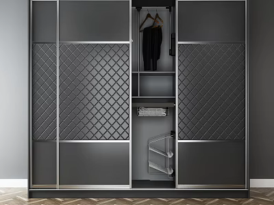 Modern Dark Gray Wardrobe With Sliding Doors Diamond Pattern And Hanging Folded Clothes Shelves 3d model