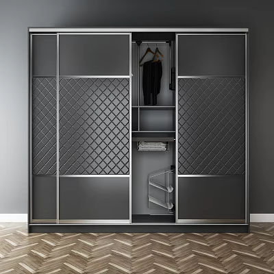 Modern Dark Gray Wardrobe With Sliding Doors Diamond Pattern And Hanging Folded Clothes Shelves 3d model