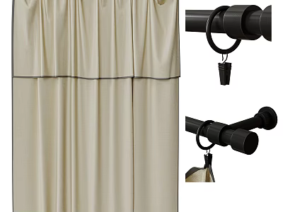 Luxury Beige Curtains With Smooth Fabric And Black Curtain Rod Ring Hooks 3d model