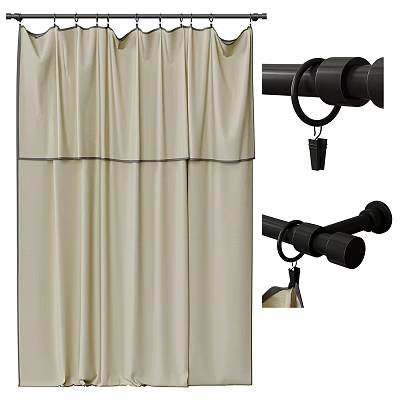 Luxury Beige Curtains With Smooth Fabric And Black Curtain Rod Ring Hooks 3d model
