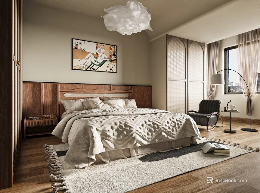 Modern Bedroom Interior Design With Wooden Headboard White Chandelier And Light Colored Rug 3d model 