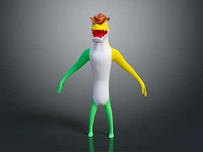 Shark Head Game Movie Character With Cowboy Hat Green Yellow Arms Legs White Body 3d model