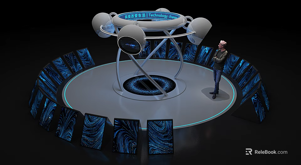 Futuristic Technology Display With Circular Platform Blue Glowing Core And Surrounding Screens 3d model 