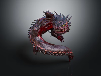 3D Mythical Creature Character Featuring Spiked Body Red Black Scales Sharp Teeth And Menacing Stance 3d model