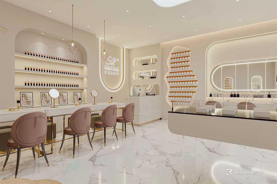 Stylish Modern Hair And Beauty Salon Interior With Pink Chairs Marble Countertops And Product Shelves 3d model 