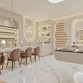 Stylish Modern Hair And Beauty Salon Interior With Pink Chairs Marble Countertops And Product Shelves