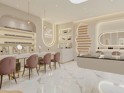 Stylish Modern Hair And Beauty Salon Interior With Pink Chairs Marble Countertops And Product Shelves 3d model