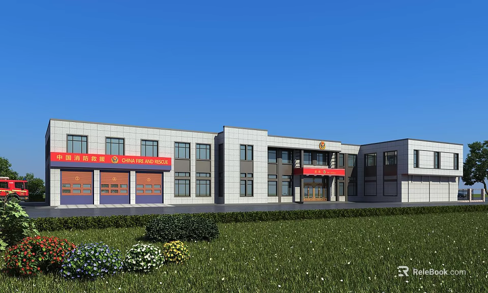Modern Fire Station Exterior With Red Entrance Green Lawn And Flower Beds 3d model 