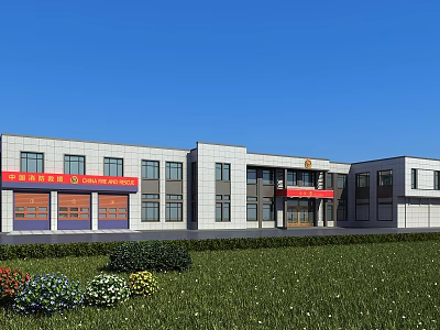 Modern Fire Station Exterior With Red Entrance Green Lawn And Flower Beds 3d model